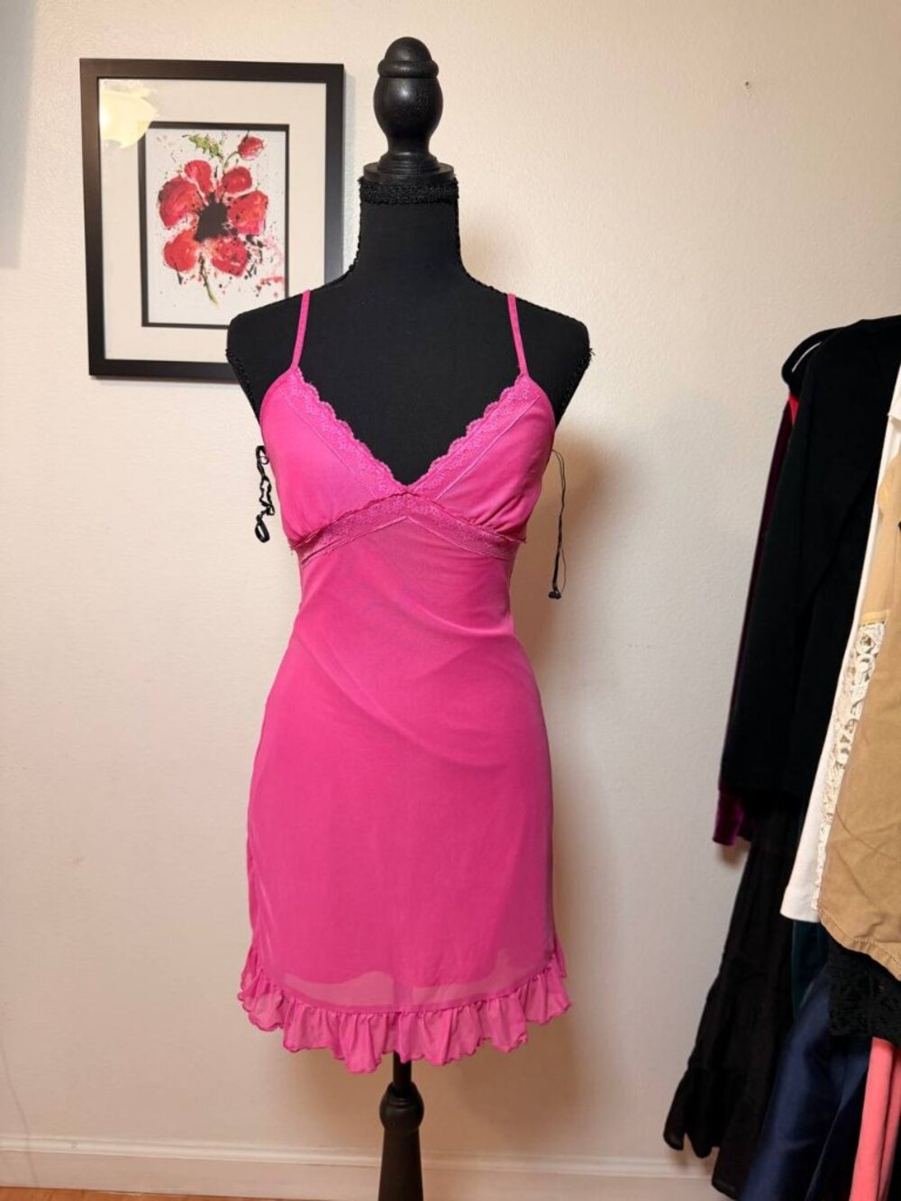 Y2k Slip Dress Hot Pink Lace Trim Mini Forever 21 Coquette Party Sz S